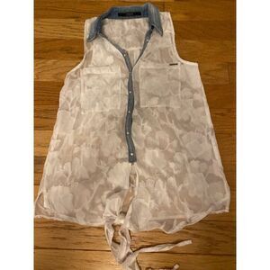 Guess women's white sheer floral denim collared button tied sleeveless blouse XS